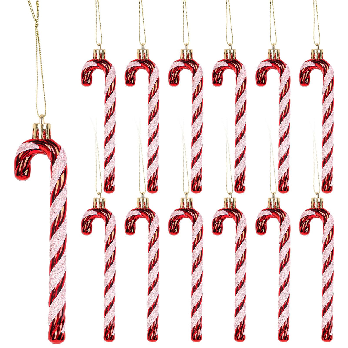 HFATMOS 12 Pcs Christmas Glitter Canes Ornaments Christmas Tree Hanging Decorations Set DIY Crafts for Home Holiday Wedding Indoor Outdoor Party Decorations Red