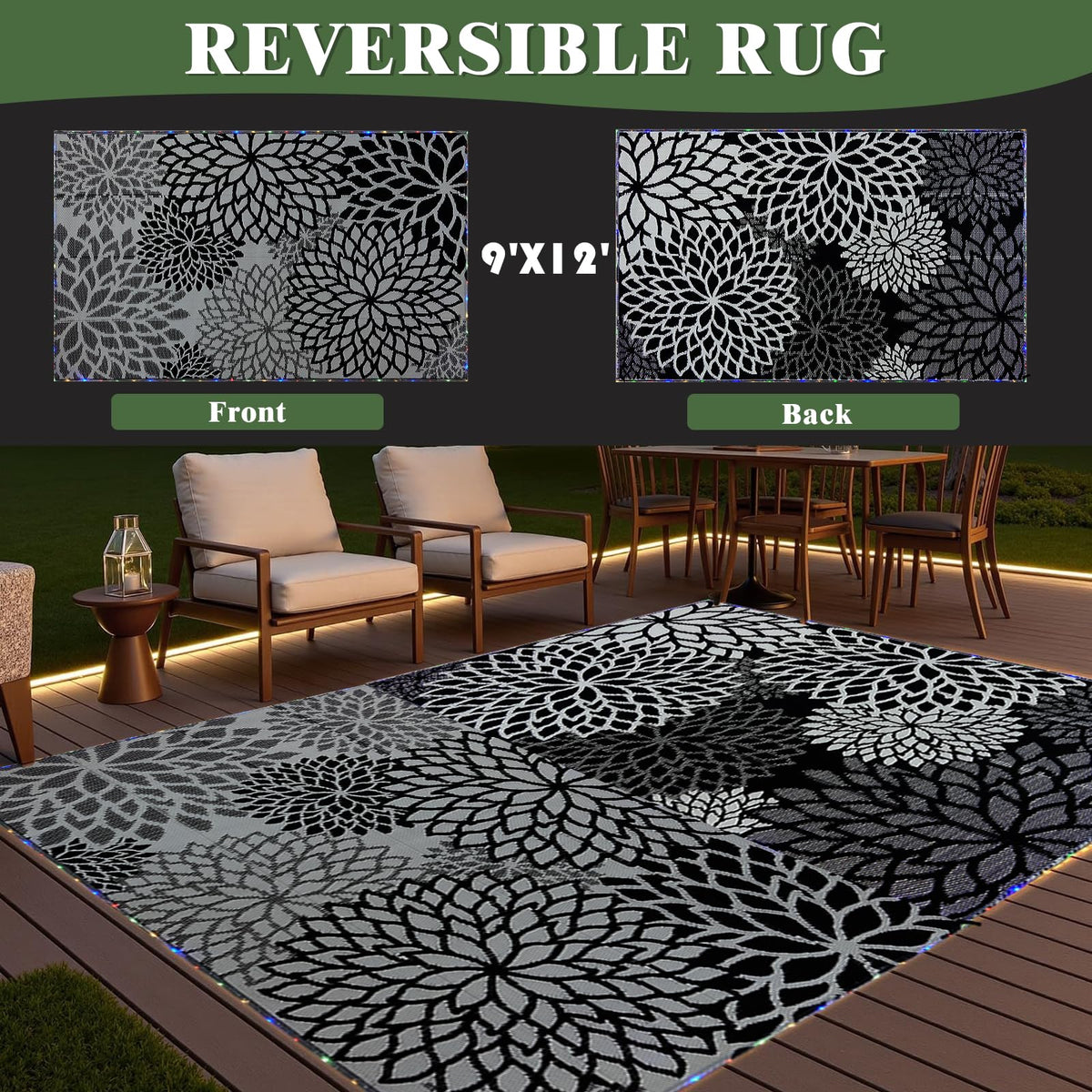 YONILE Outdoor Rug 9x12 ft with LED Light, Waterproof Reversible Outdoor Plastic Straw Rug for Patios Clearance, Large Outdoor Area Rug Carpet RV Mat for Camping Backyard Deck Porch Beach