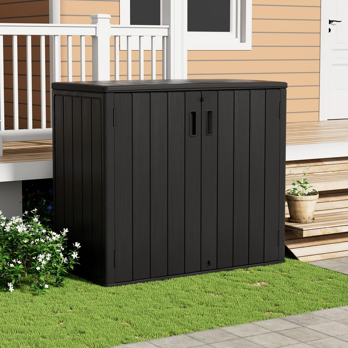 ZZM 37 Cu.ft Outdoor Storage Shed Double-Wall HDPE Storage Cabinet, Waterproof Plastic Sheds with Floor Horizontal Lockable Garden Tools Trash Can, Lawn Mower, Bike Storage, Black