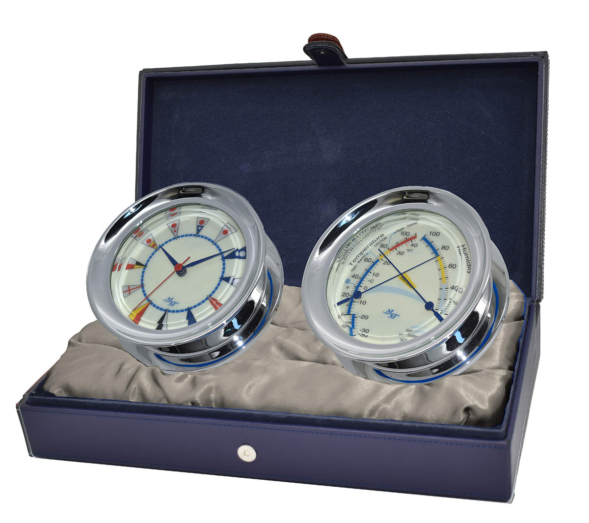 MASTER-MARINER American Voyager Collection, Nautical Windlass Gift Set, 5.85” Diameter Clock and Comfort Meter Instruments, Chrome Finish, Ivory Signal Flag dial