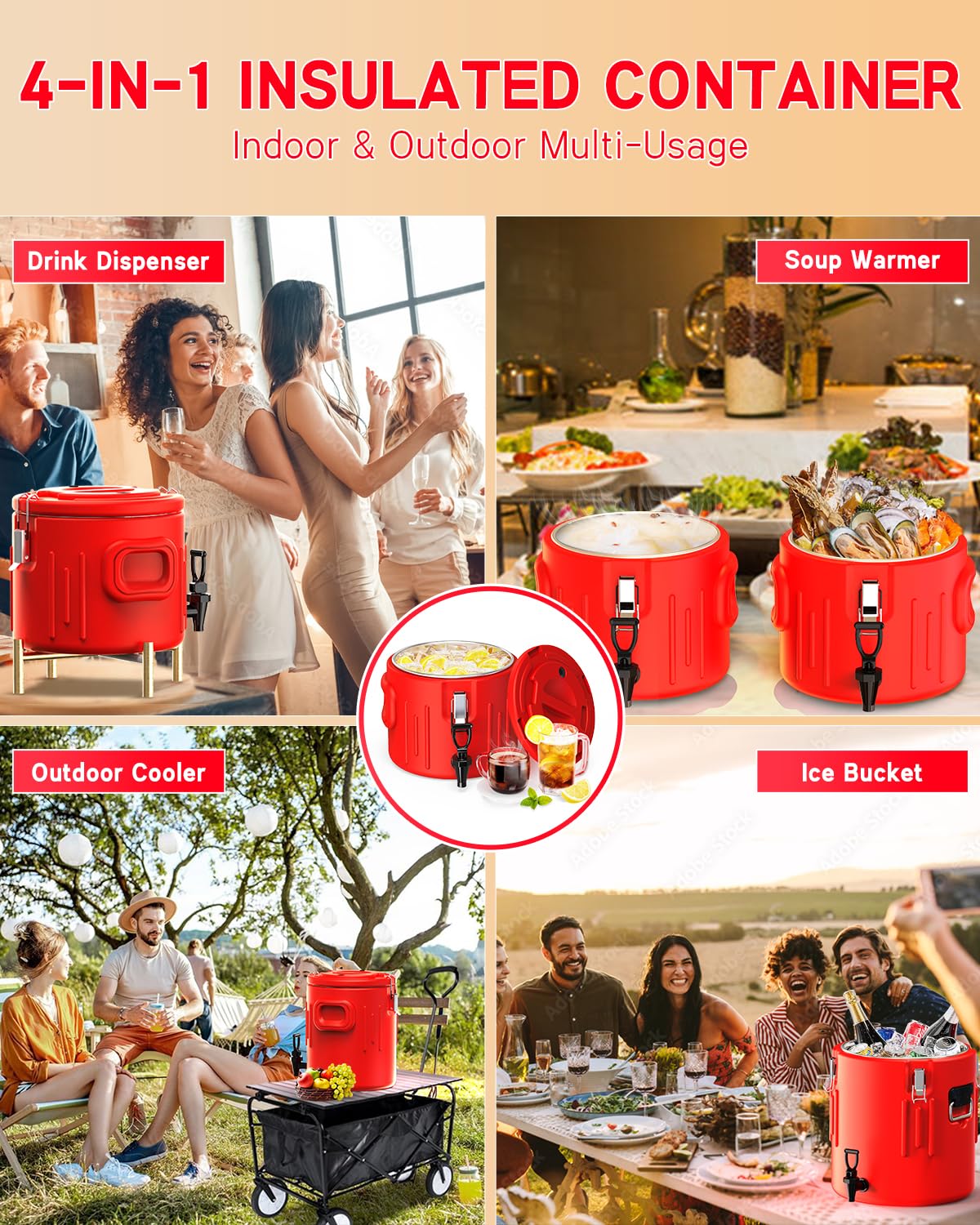 Insulated Beverage Dispenser 5 Gallon, Hot Drink Dispenser with 304 Stainless Steel Interior & Spout, Hot Water Dispenser for Parties, Portable Outdoors Water Jug for Camping Sports,N6