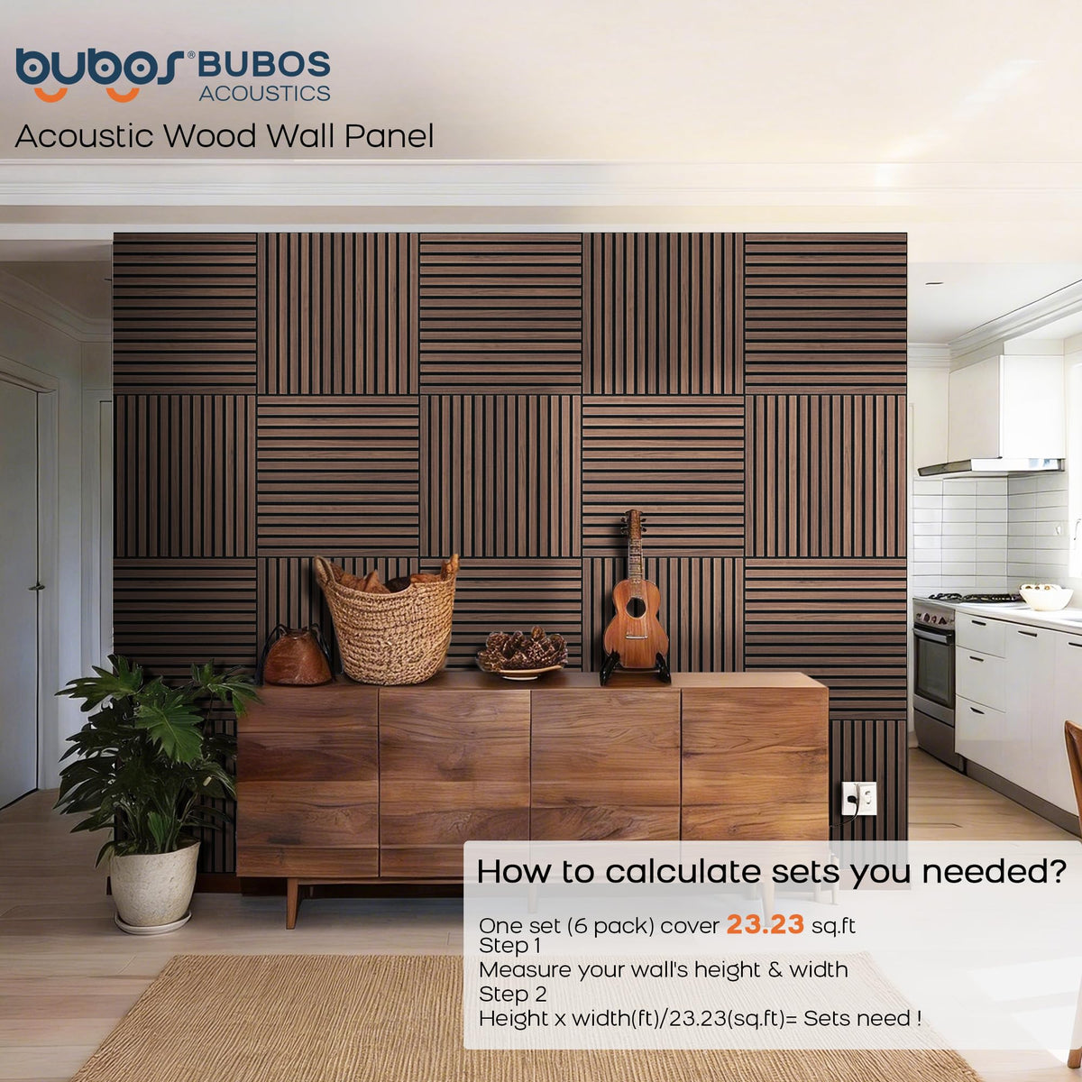 BUBOS Large Acoustic Wall Panels, 6-Pack 24" x 24" x 0.7" Faux Wood Slat Sound Absorbing Panels, High-Density Soundproof Wall Decor for Recording Studio, Home Theater & Gaming Room，SF Black Walnut