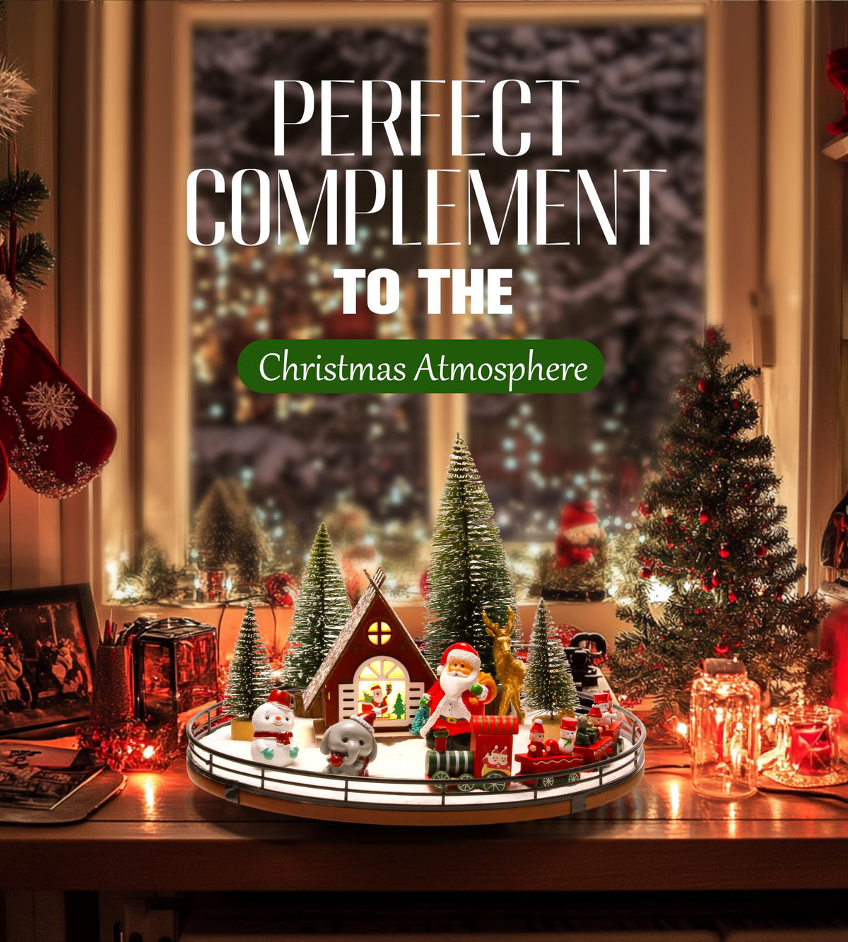AMH 12 PCS Christmas Table Decorations Set with Oak Rotating Base – Xmas Town Village Centerpiece with Santa, Train, House, Trees & Figurines, Tabletop Decorations for Holiday Dining & Coffee Tables