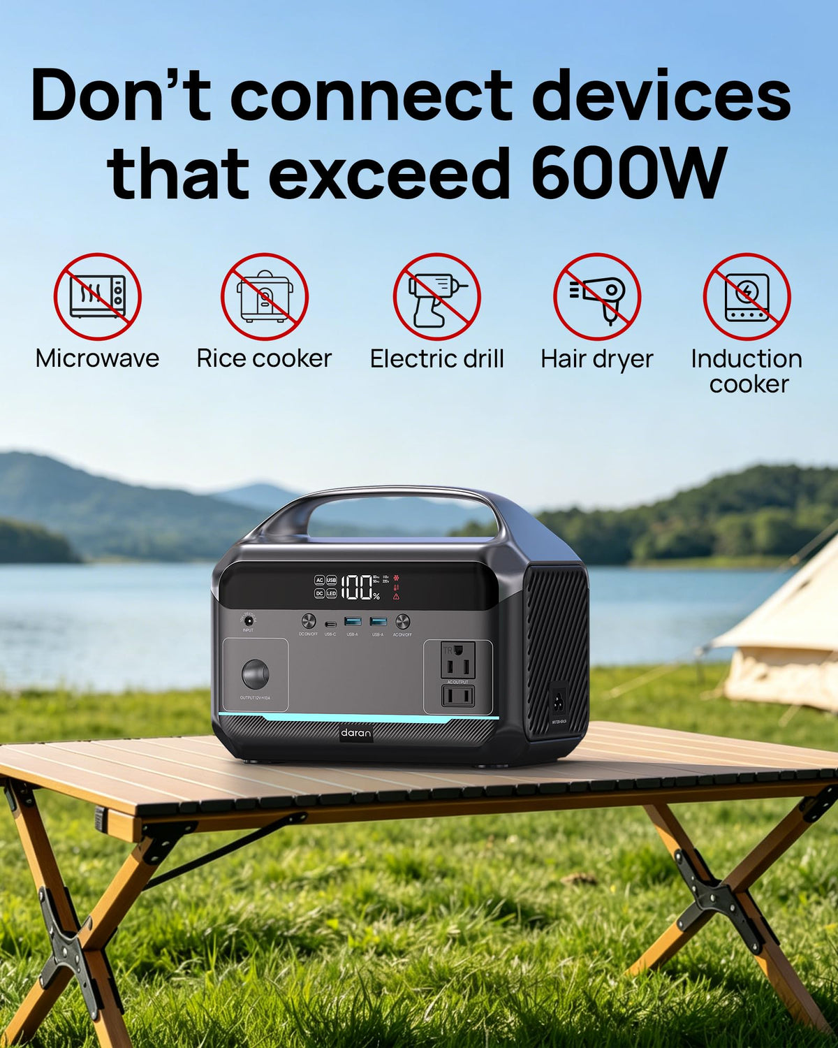 Portable Power Station 1200W Surge, 288Wh LiFePO4 Battery Solar Generator, Power Bank with 600W AC Outlet 110V, PD 100W Output Fast Charging for Outdoors Camping, Home Emergency, Hunting Blackout