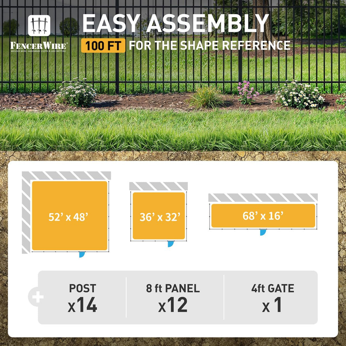 Fencer Wire 100FT Heavy Duty Flat Top Fence Barrier Kit, Anti-Rust Metal Steel Fence with 5FT Height X 8FT Width Panels, with Pinnacle Gate, Posts, Connectors, Outdoor Fencing for Yard