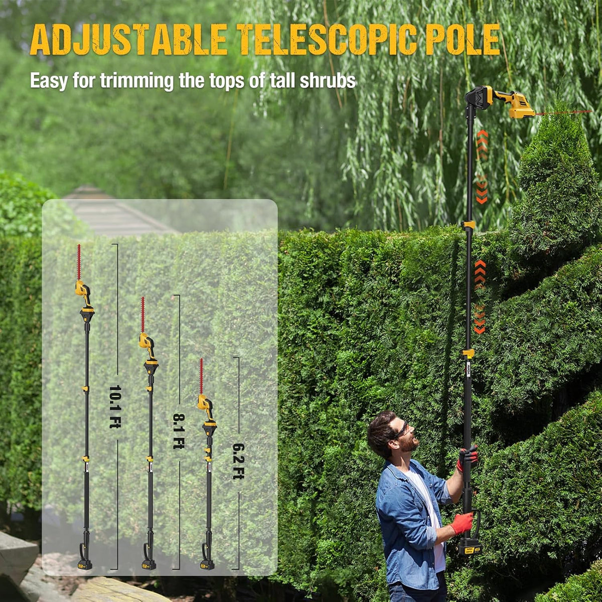 Pole Hedge Trimmer Cordless - Electric Hedge Trimmer & Grass Shear with 2x3000mAh Batteries,180° Adjustable Angle, 16 Ft Reach, Hedge Trimmers Cordless with Battery