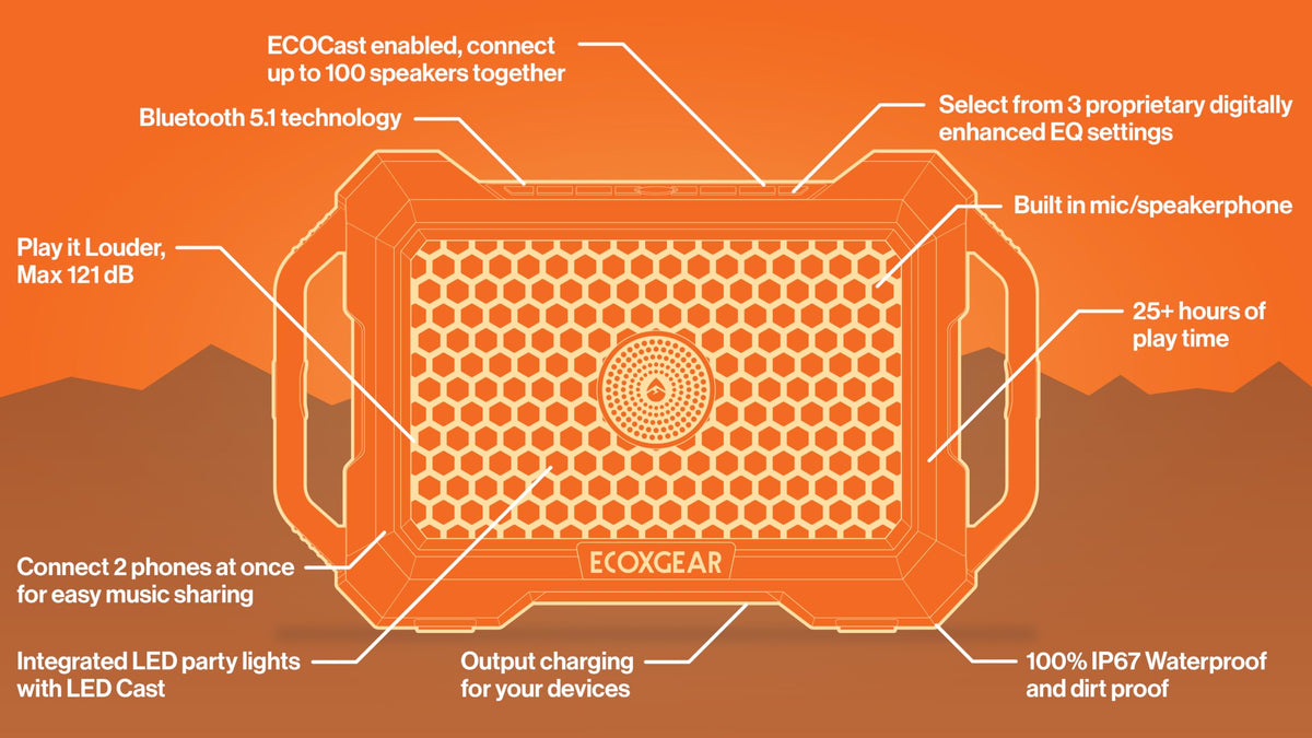 ECOXGEAR Defender: Outdoor Portable Bluetooth Speaker, 121dB Massive Sound, Waterproof and Drop Proof, with LED Party Lights, Pair up to 100, 25+ Hours Playtime (Blaze Orange)