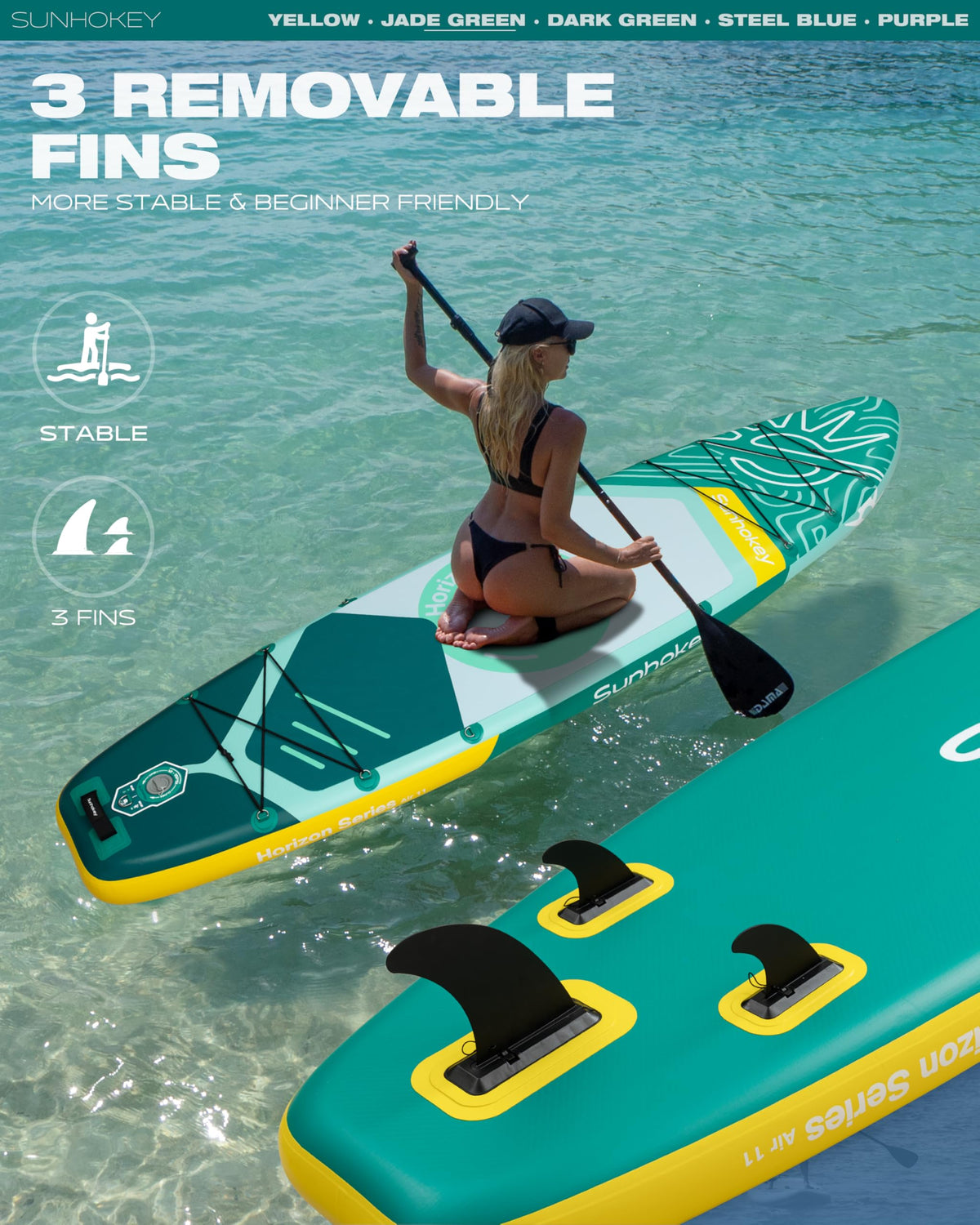 SUNHOKEY 11'×34'' Extra Wide Inflatable Paddle Board with Seam Welded Technology, Stand Up Paddle Board, 420lb Capacity for Adults, Sup Board for All-Level with 2-Blade Paddle/Dual-Action Pump/Leash