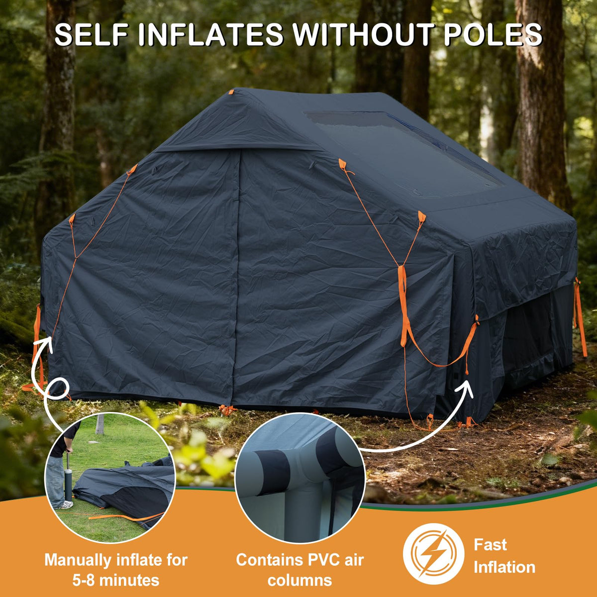 Blow Up Tent with Skylight and Stove Jack,4-6 Person Inflatable Camping Hot Tent with Pump,Easy Setup Family Camping Tent 4 Season Waterproof Outdoor Tents,Grey