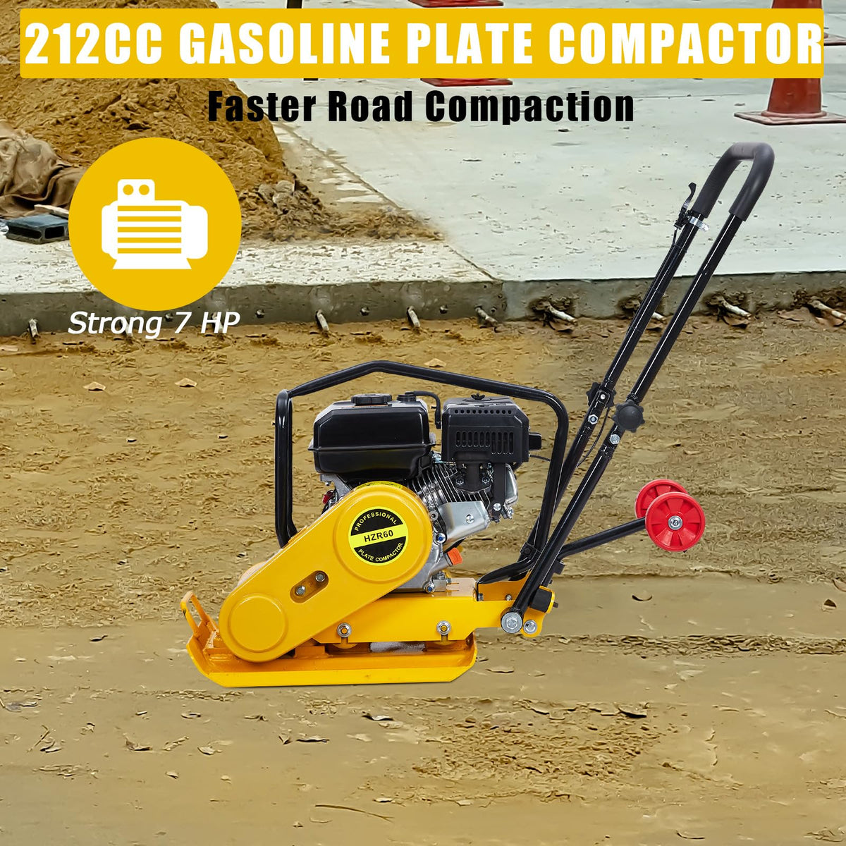 GarveeHome 7HP Plate Compactor Rammer, 212CC Gas Engine, 4200lbs Vibratory Compaction Tamper, 22.1x15.9 in Plate Force Rammer, 5600 VPM Pavement Compactor, Jumping Jack Tamper for Walkways, Paving