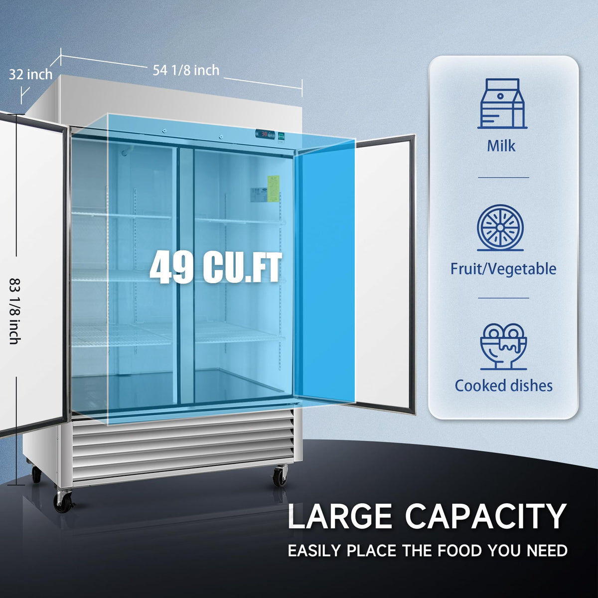 DeepTide 54" W Commercial Refrigerator with Double-Door: 49 Cubic Feet Storage, Adjustable Shelving, Automatic Defrosting, Precision Digital Thermostat, LED Lights, Safety Locks