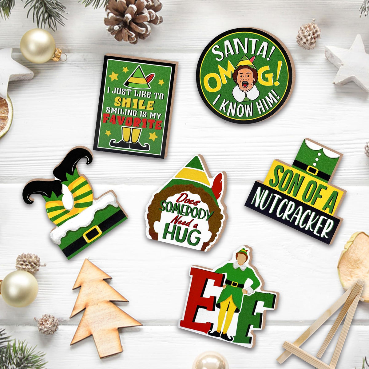 YMCAFZ 7 Pcs Christmas Green Elf Tiered Tray Decor, Funny Xmas Son of A Nutcracker Farmhouse Wood Decorations Set, Winter Holiday Rustic Wooden Decorative Signs for Home Table Shelf