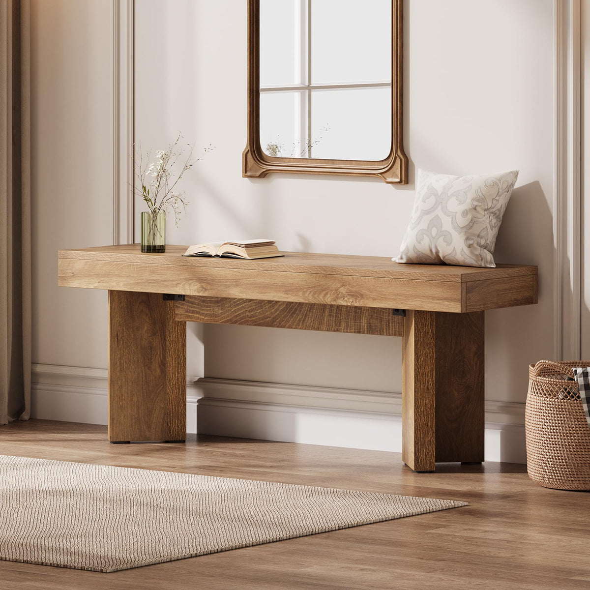 Tribesigns 47" Wooden Entryway Bench, Farmhouse Indoor End of Bed Bench, Long Table Benches Seat for Bedroom, Hallway, Foyer, End of Bed (Rustic Brown)