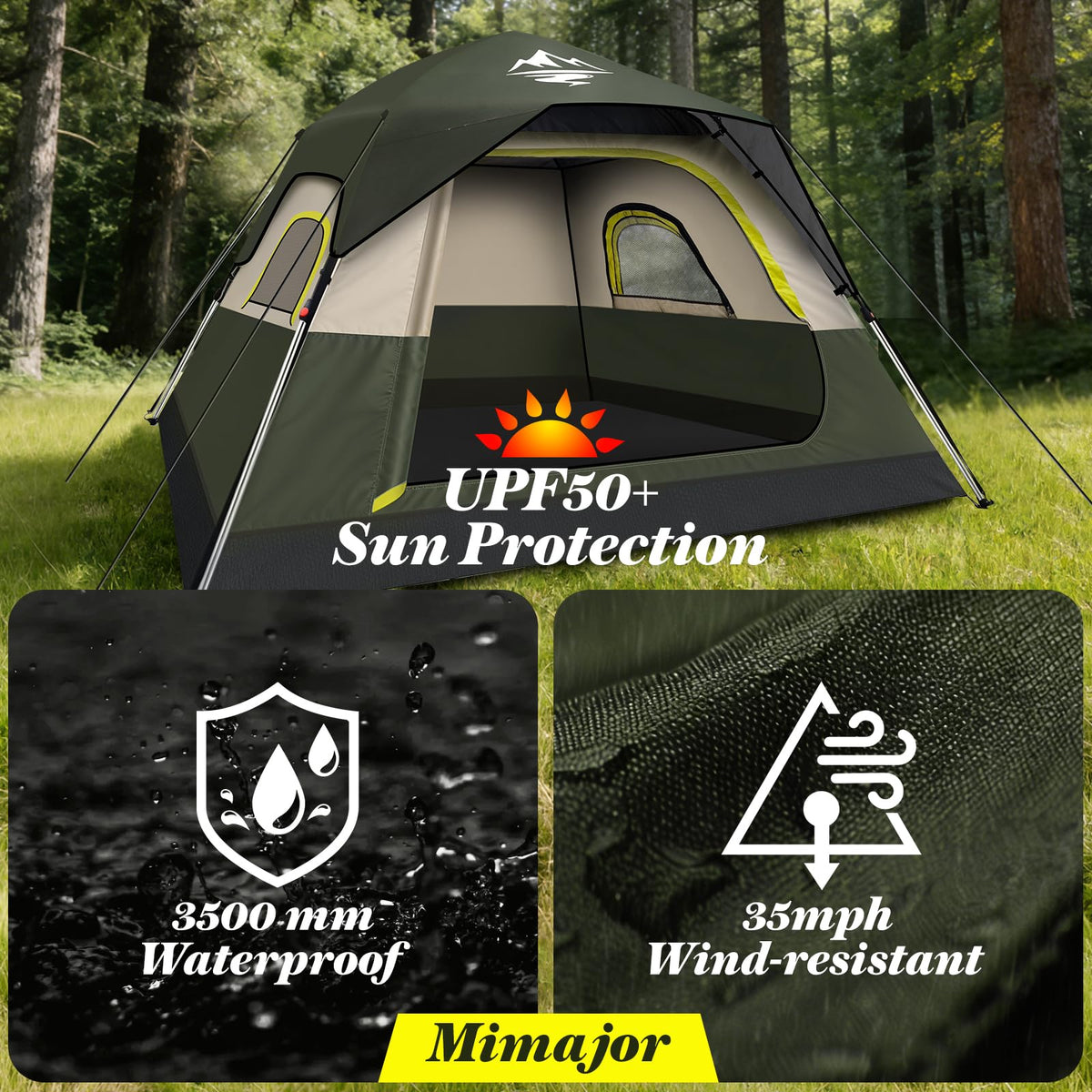 4 Person Instant Camping Tent - Waterproof Pop Up Tents for Camping with Rainfly, Large Family Tent with Pre-Attached Poles, 60S Easy Setup, Upgraded Ventilation with Welcome Mat