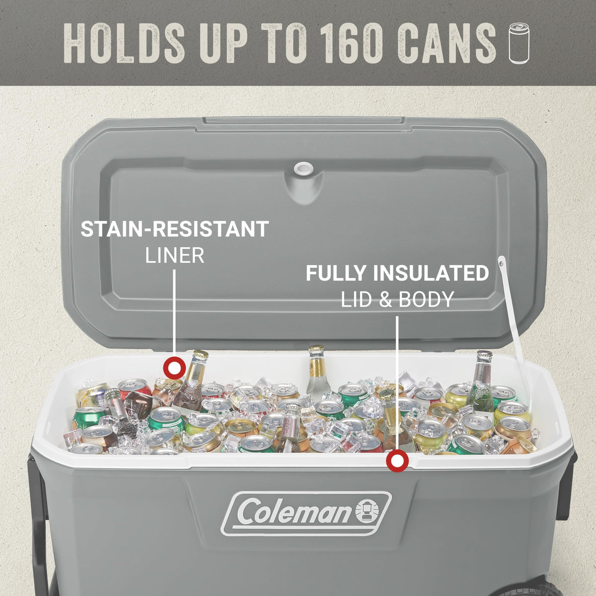 Coleman Classic Series Insulated Portable Rolling Cooler with Wheels, Leak-Resistant Outdoor Hard Cooler Keeps Ice up to 5 Days, 100-Quart