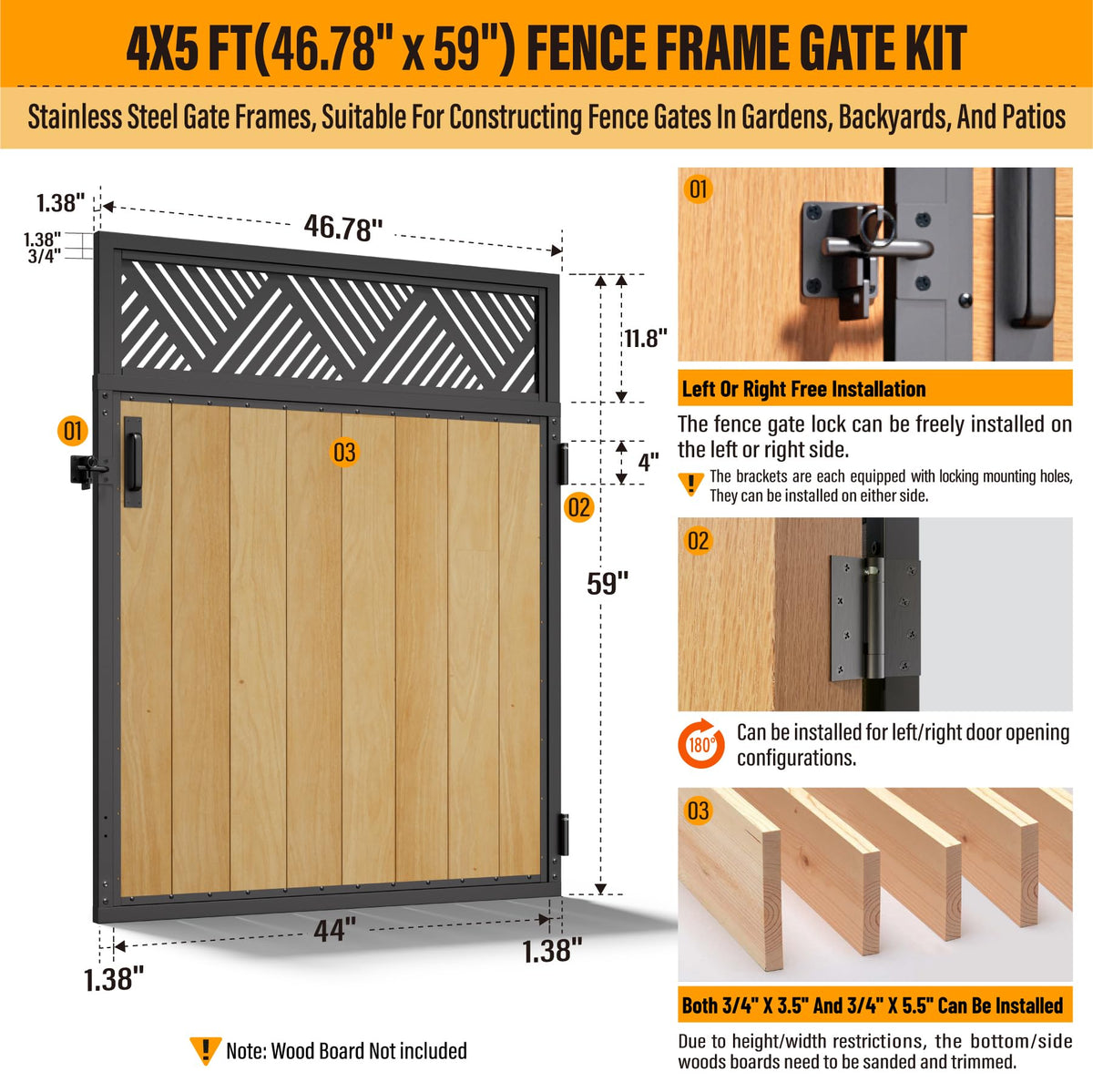 Bitals 4x5FT Fence Gate Frame Kit 201 Stainless Steel Anti-Sag Heavy Duty Garden Gate Reinforcement Hardware, Left/Right Mount (No Panels Included)(46.78"W x 59.0"H)
