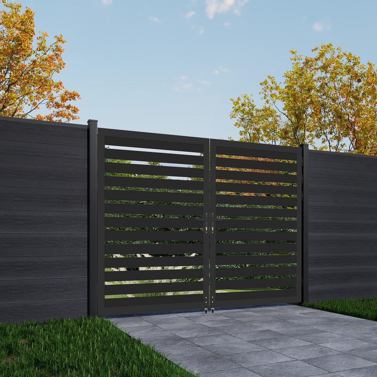 Mondaria Aluminum Double Fence Gate, 6FT H x 8FT W Outdoor Driveway Privacy Gate with Heavy Duty Metal Frame, Rustproof Powder-Coated Gate with Lockable Handle Kit, Horizontal Slat (Without Post)