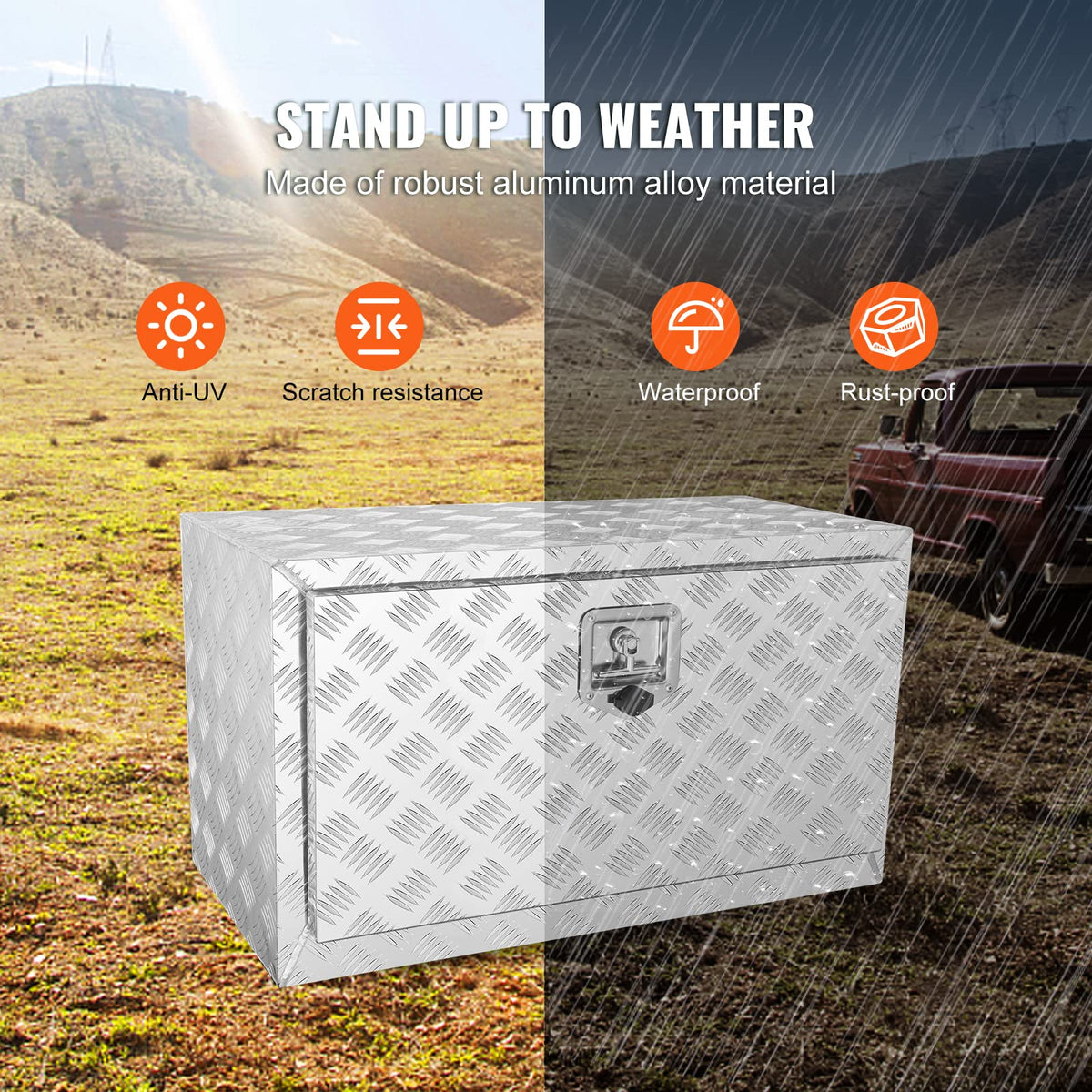 VEVOR Underbody Truck Box, 30"×17"×18" Pickup Storage Box, Heavy Duty Aluminum Diamond Plate Tool Box with Lock and Keys, Waterproof Trailer Storage Box with T-Handle Latch for Truck, Van, Trailer