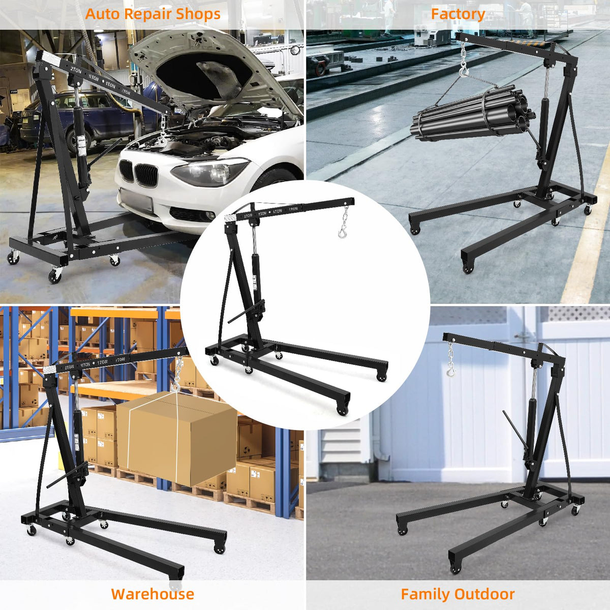 Hydraulic Engine Hoist 2 Ton, Cherry Picker Shop Crane with 6 Casters and Telescopic Boom, 4400 Lbs Heavy Duty Engine Hoist Crane Lift for Garage, Workshop, Automotive Repair, Black