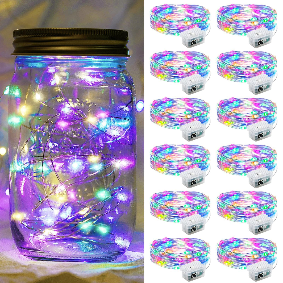 chzk 12 Pack Fairy Lights 7Ft 20 LED Twinkle String Lights 3 Modes Battery Operated Waterproof Firefly Starry for Mason Jar Party Wedding Easter Valentines Day Table Centerpieces,Multicolor-Pastel