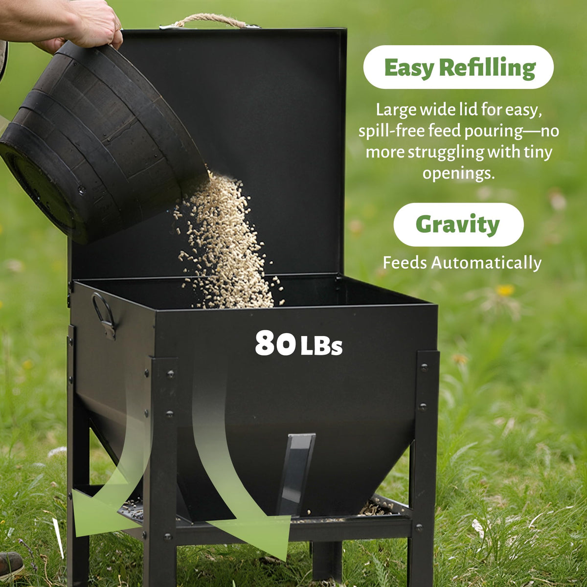 KOL 80LBs Chicken Feeder No-Waste, Galvanized Steel Large Capacity Chicken Feeder, Portable Poultry Feeder with Waterproof Lid for Hens and Roosters, Coops & Outdoors