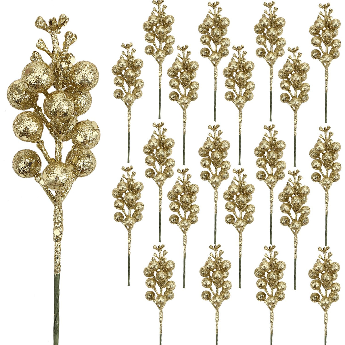 DIYASY Champagne Glitter Berry Stems,20Pcs Artificial Xmas Picks and Sprays Christmas Tree Filler Branches Ornaments Holiday Wreath Garland Decorations Home Décor 7.8 Inch