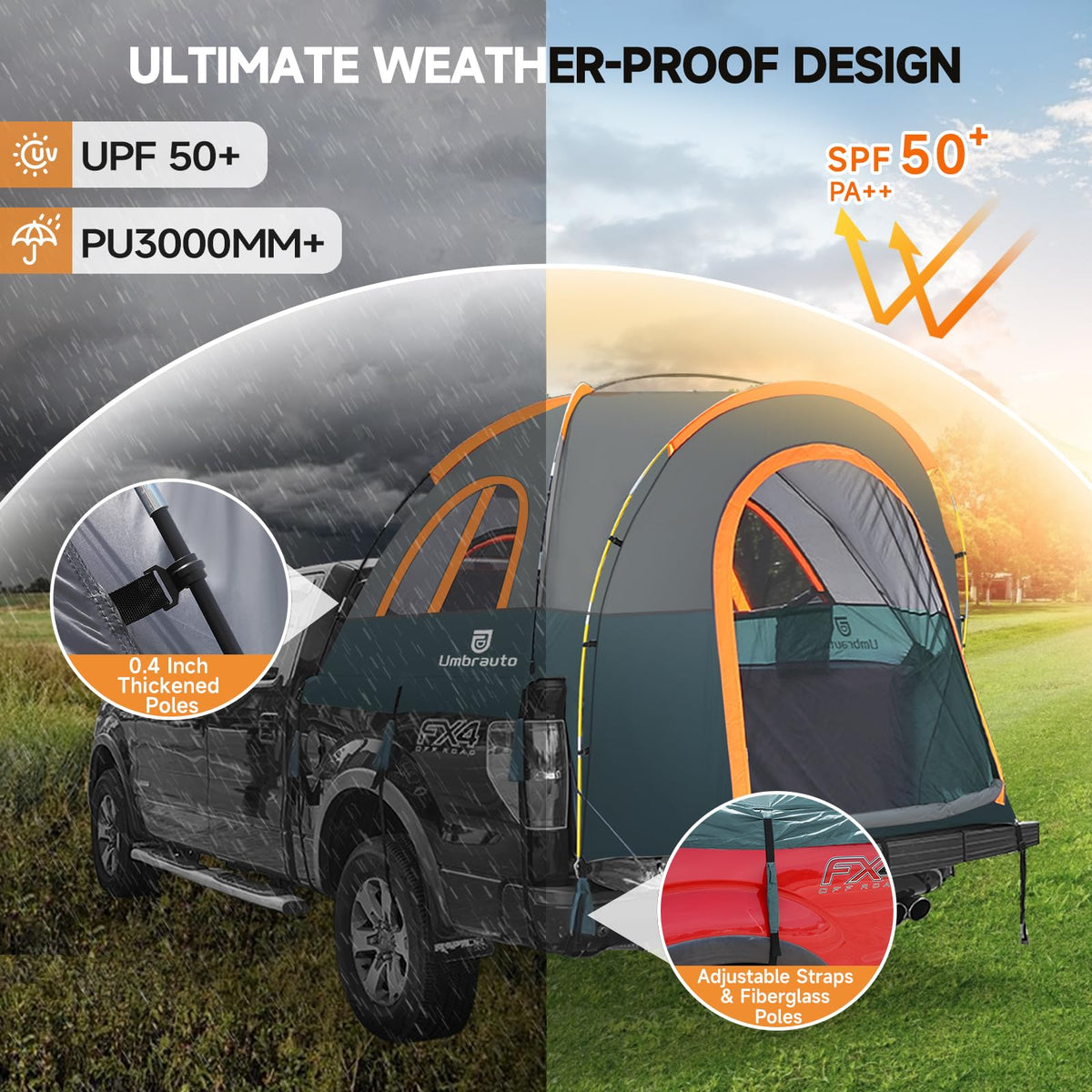 Truck Bed Tent 6.4' ~ 6.7' Easy Set Up Umburato Pickup Truck Tents for Camping, Waterproof PU3000mm Canopy for Truck Camper, Portable, Spacious for 2 Person Green