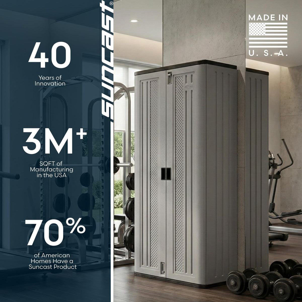 Suncast Tall Storage Cabinet for Garage Organization - 72" Freestanding Utility Closet with Shelving for Garden Supplies, Paint Cans & Outdoor Tools, Multi-Wall Resin Construction, Platinum