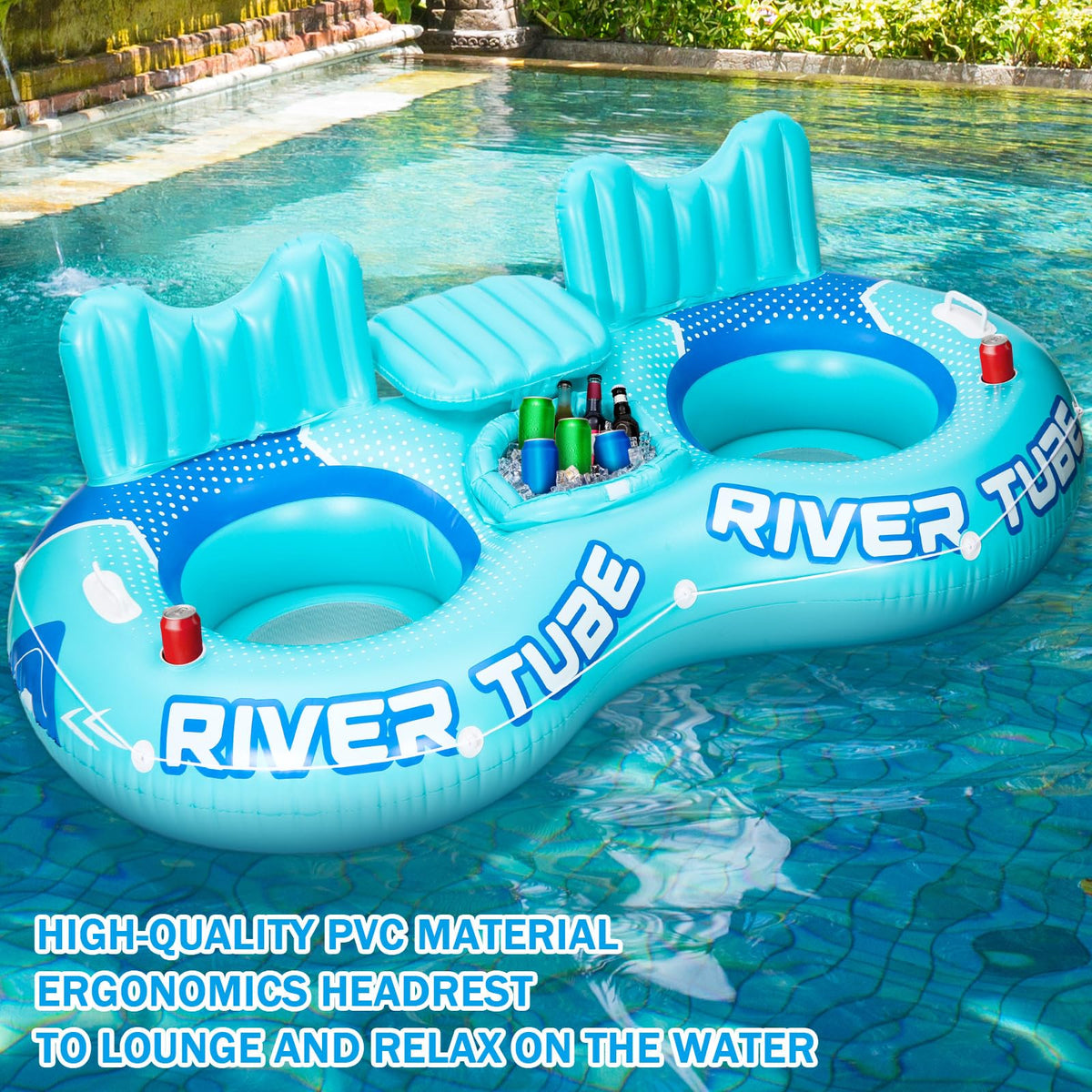Glimin 3 Pcs Inflatable River Tube Float, 2 Person Heavy Duty Pool Float with Built in Cooler, Ergonomic Backrest and Cup Holders for Adults, Lake Water Tubes for Floating Summer Relaxation