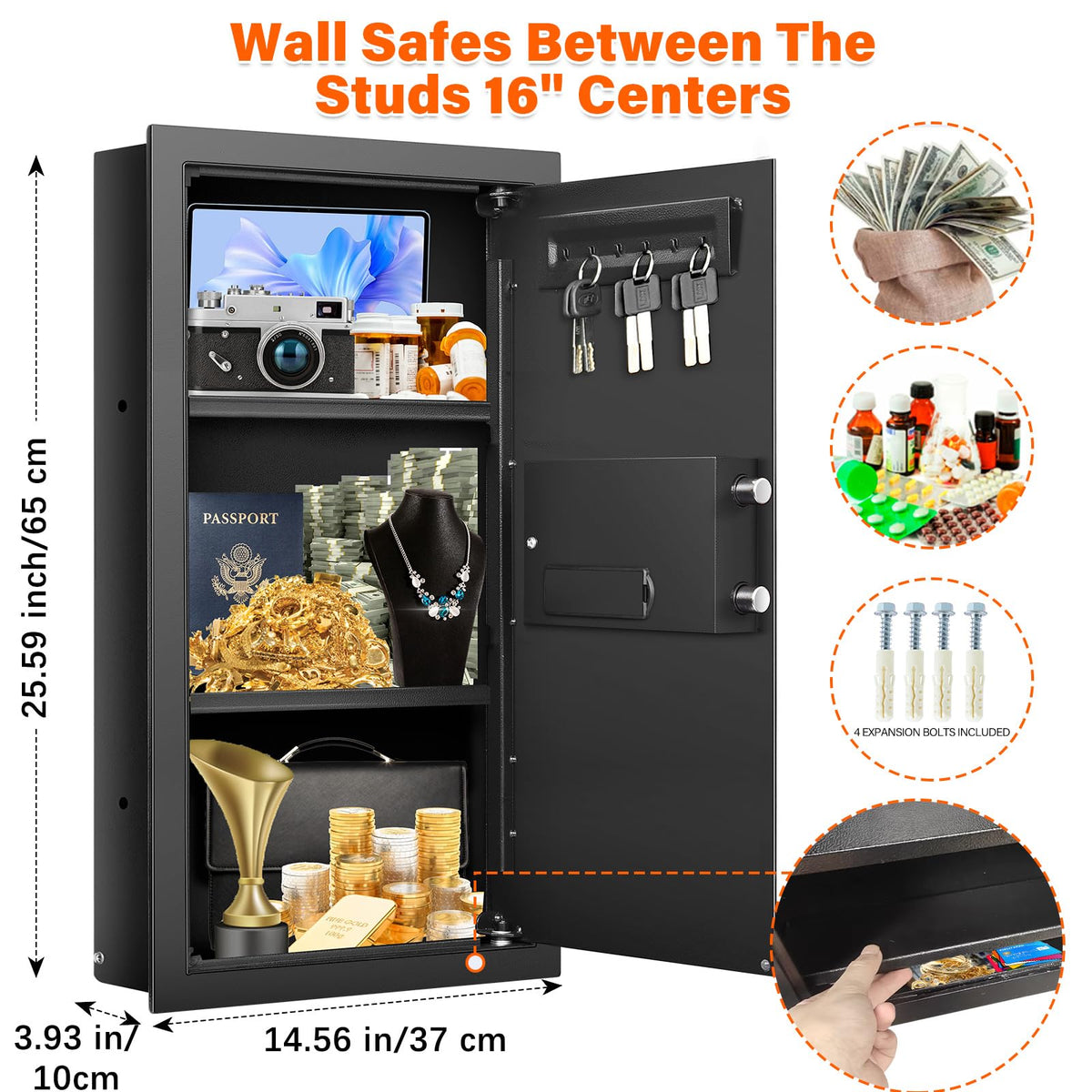 25.6" Tall Fireproof Wall Safes Between the Studs 16" Centers, Hidden Wall Safe with 2 Removable Shelf & Hidden Tray, Heavy Duty Wall Mount Safe for Money, Jewelry, Passport, Valuables