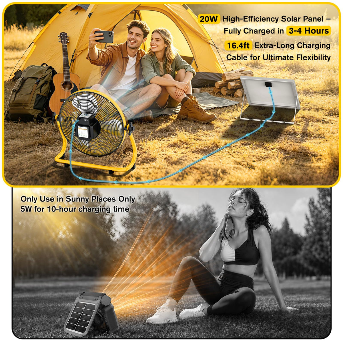 ZMLBTF 16" Solar Powered Fan with 20W Solar Panel & Rechargeable Battery, Portable, Quiet 12 Speed, 360° Tilt Head for Outside, Camping, Travel, Greenhouse, Chicken Coop, Patio, gazebo (Yellow)