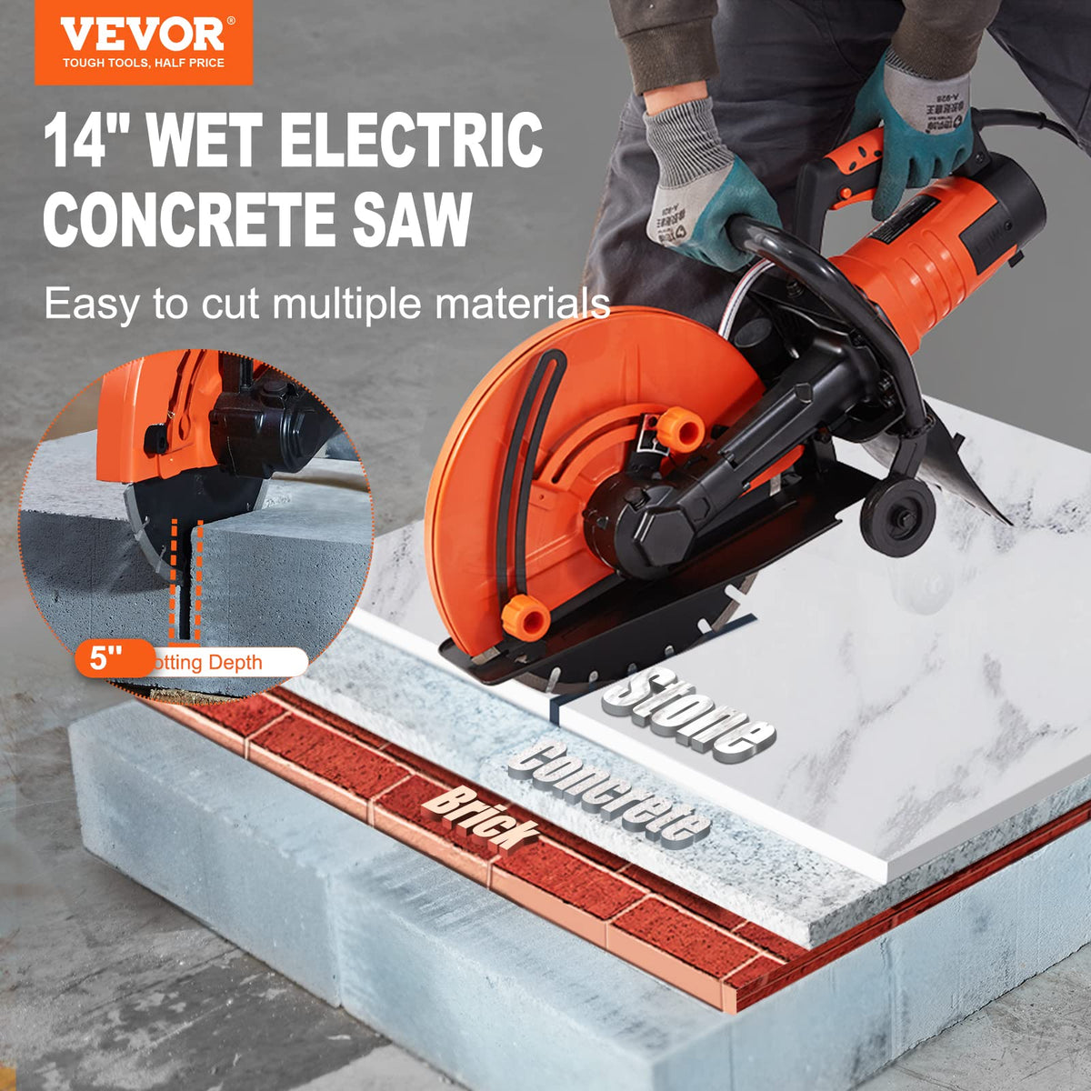 VEVOR Electric Concrete Saw, 14 in Circular Saw Cutter with 5 in Cutting Depth, Wet/Dry Disk & Demolition Jack Hammer, 2200W Electric Jackhammer Heavy Duty, 1350 BPM Concrete Breaker 4pcs