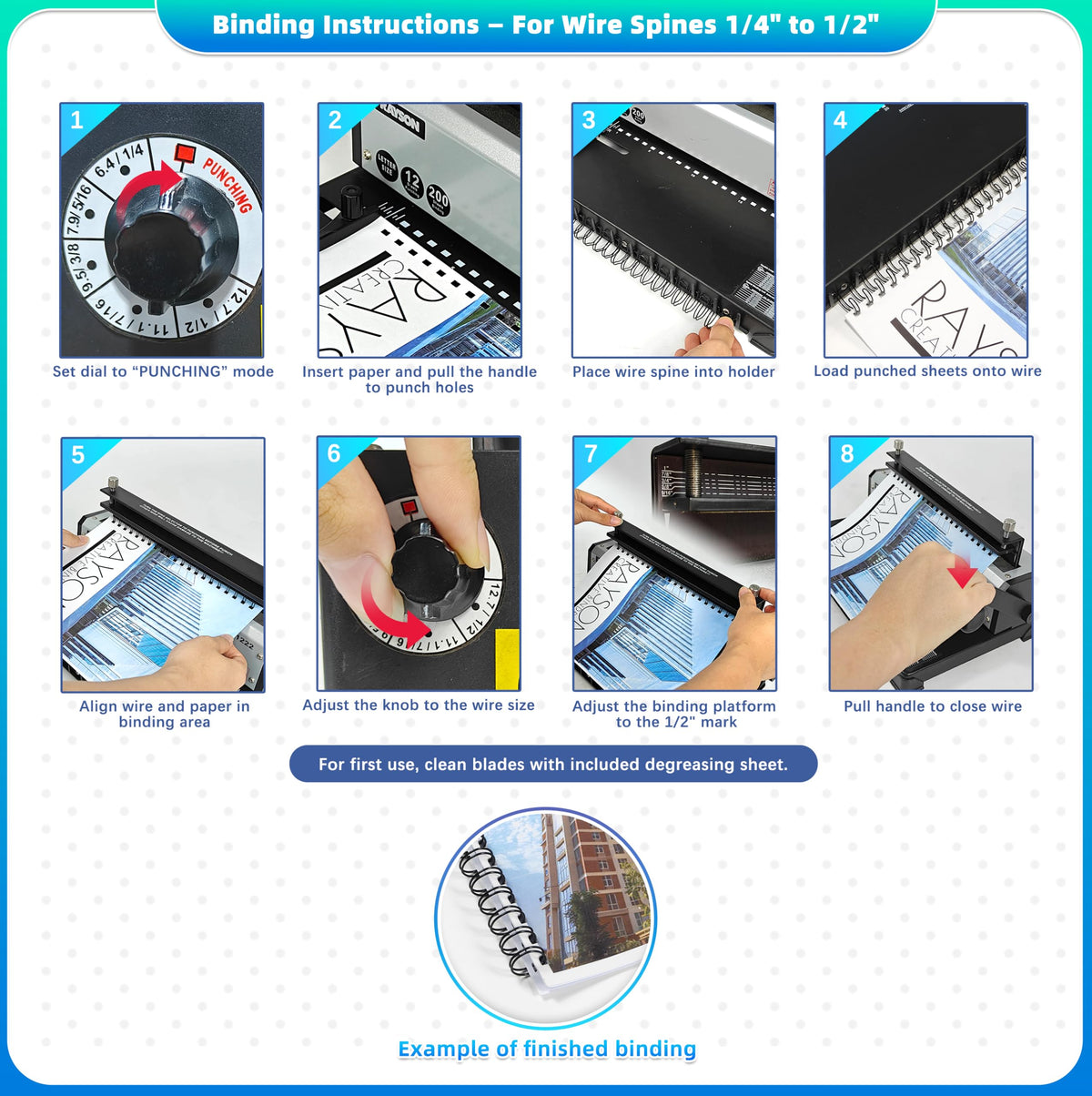 Rayson TD1222 Wire Binding Machine - 2:1 Pitch, Rectangular Holes, 220 Sheet Binding / 12 Sheet Punching Capacity