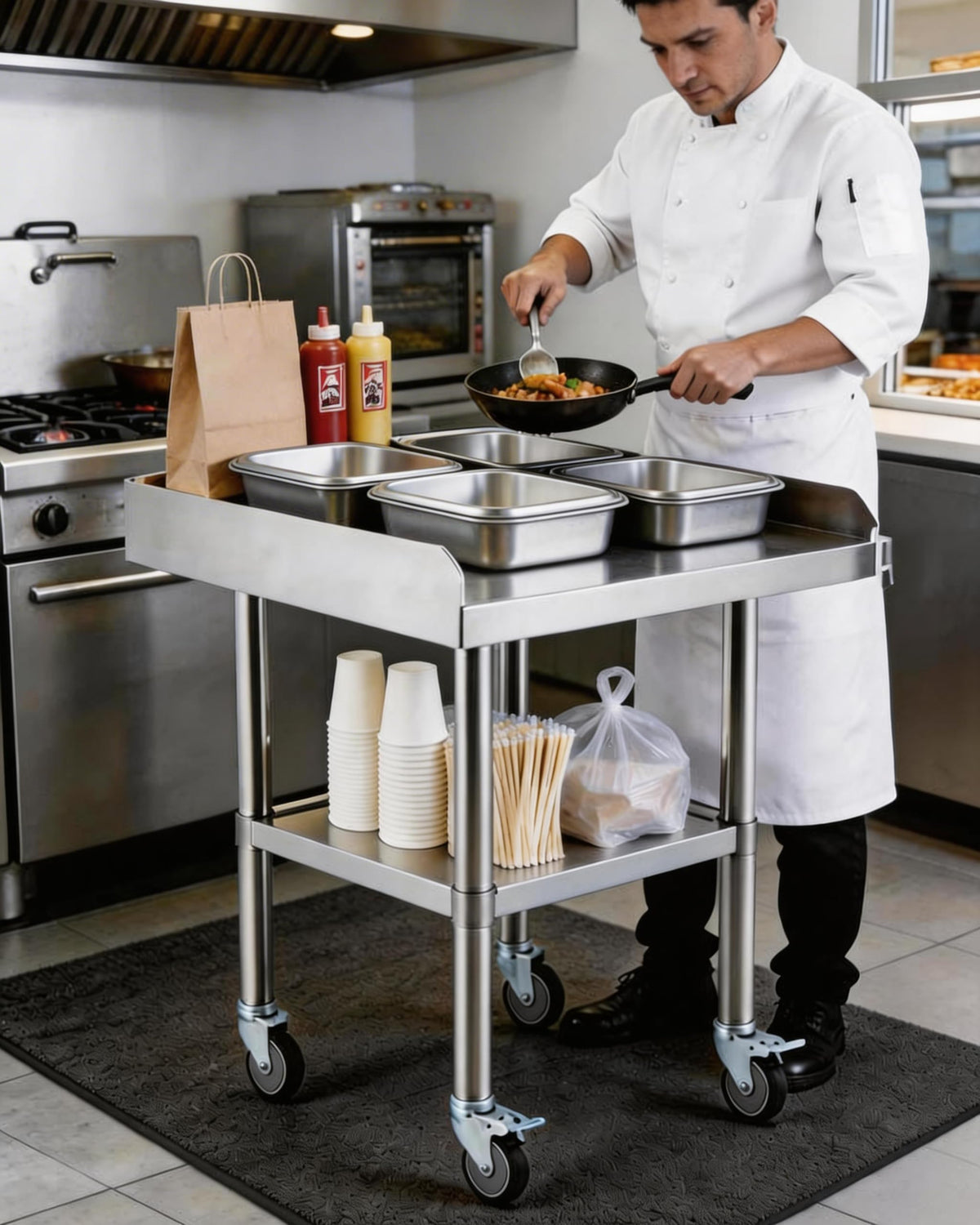 24 x 24 Stainless Steel Prep Table with Wheels – Commercial Mobile Workstation, Adjustable Undershelf, 3-Sided Backsplash – NSF Kitchen Worktable for Restaurant, Home, Garage & Catering