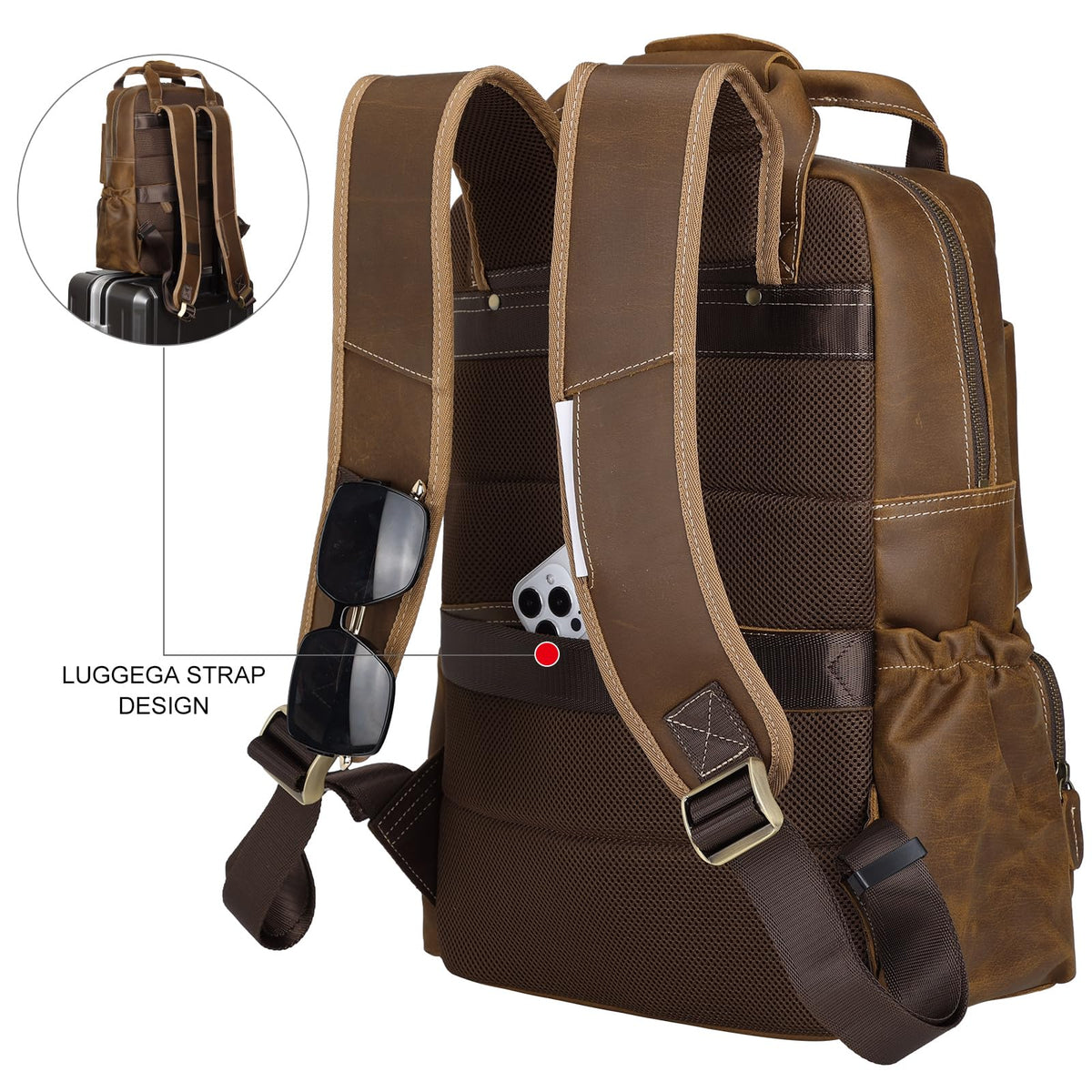 TIDING Brown Leather Laptop Backpack for Men, Vintage Business Casual Daypack Fits 15.6" 16" Computer, Large Weekender Travel Back Pack