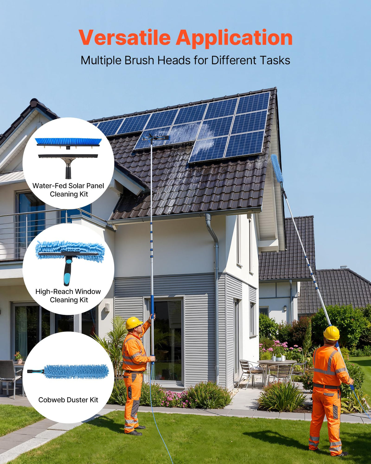 VEVOR Solar Panel Cleaning Kit, 33 ft, Water Fed Pole Kit with Cleaning Brush, Squeegee, Soap Dispenser, Extendable Aluminum Telescopic Pole, 180° Rotatable Brush Head, for Roof Mounted Solar Panels