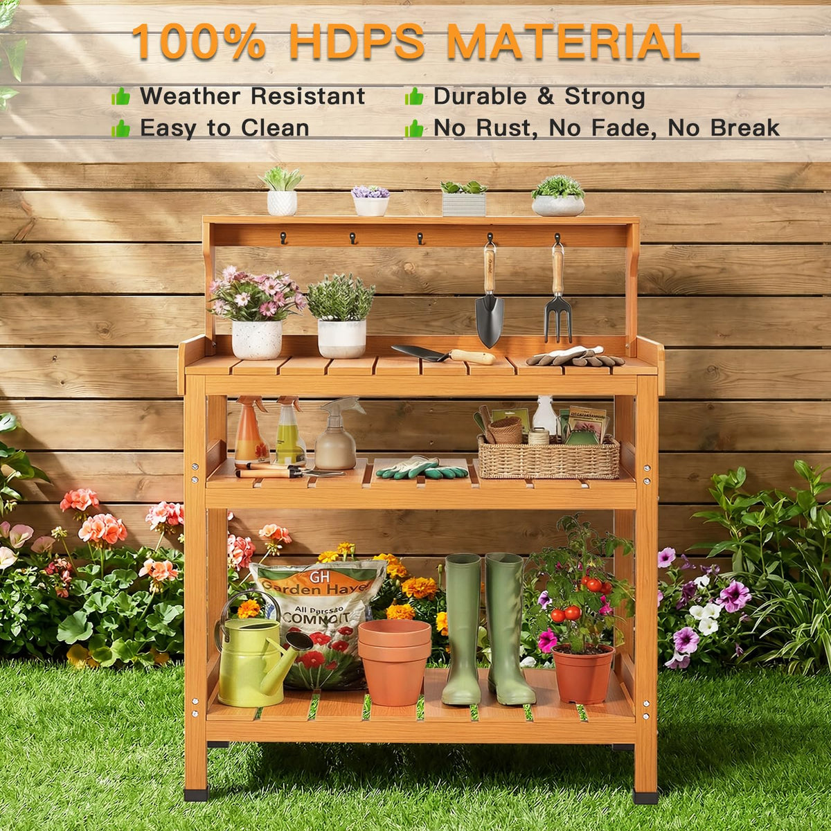 Frogprin Potting Bench Table, Extra-Large Outdoor Garden Potting Bench (HDPS) with 9 Hooks, All-Weather Garden Table Work Station, No Rust, No Fade, No Break (Teak, 35.6''X16.5''X45.5'')
