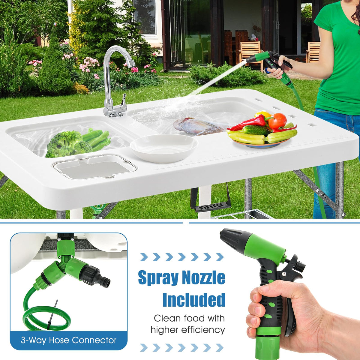 Goplus 40'' Folding Fish Cleaning Table with Dual Water Basins, Faucet Drainage Hose & Sprayer, Portable Camping Sink Table, Outdoor Fish Fillet Cleaning Station with Grid Rack for Picnic