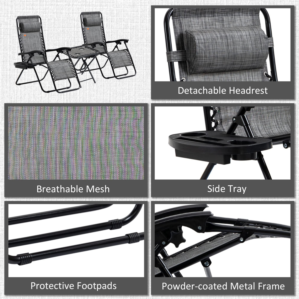Outsunny Zero Gravity Chair Set with Side Table, Folding Reclining Chair with Cupholders & Pillows, Adjustable Lounge Chairs for Pool, Backyard, Lawn, Beach, Gray
