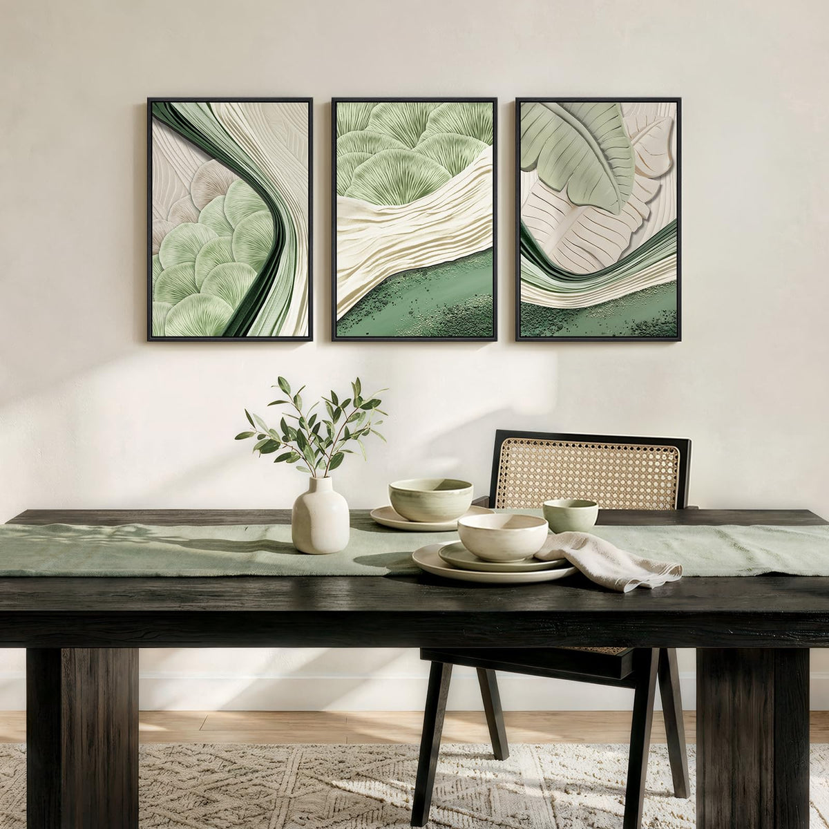Framed Green Abstract Wall Art Bedroom, 3 Piece Botanical Modern Minimalist Canvas Print Artwork for Walls, Leaf Paintings Pictures for Small Living Room Dining Room Office Wall Art Decor, 16x24 Inch