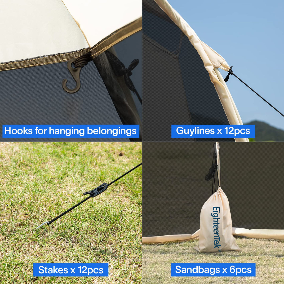 EighteenTek Screen House Room Pop Up Gazebo Outdoor Camping Canopy Tent Sun Shade Shelter Mesh Walls Not Waterproof 10’x10’ Beige
