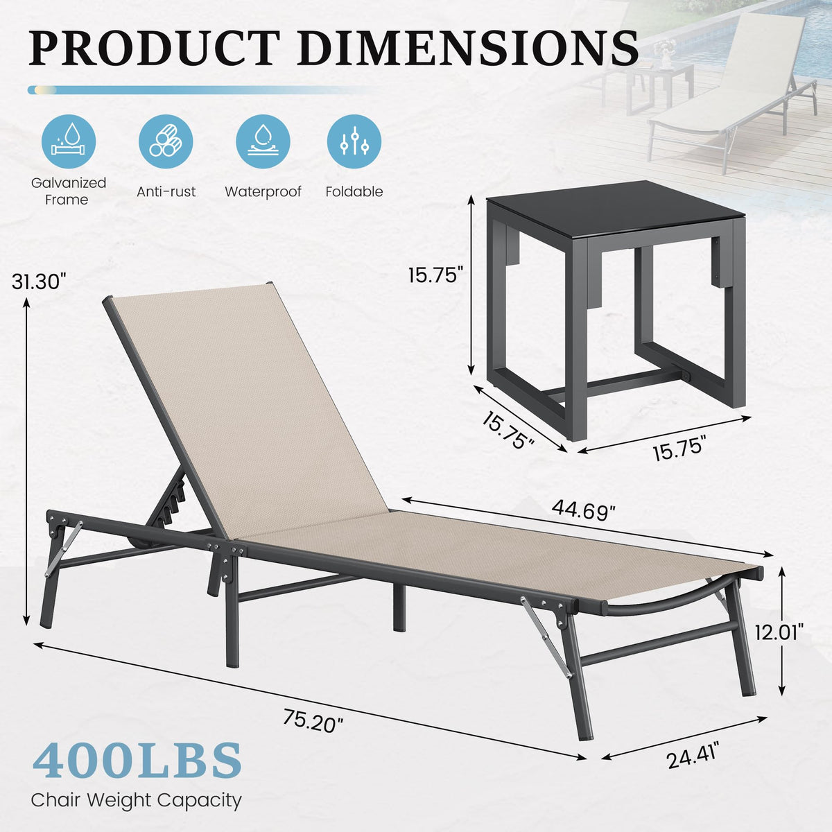 UDPATIO Foldable Patio Lounge Chair Sets with Side Table, No Assembly Outdoor Chaise Lounge with 5-Positions, Poolside Lounge Chairs with Portable Design for Pool, Beach, Deck, Backyard