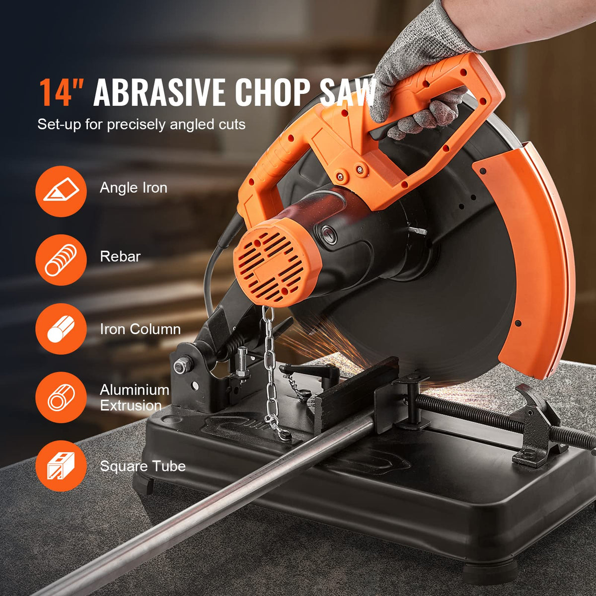 VEVOR Abrasive Chop Saw, 14in / 35cm Blade, 2300W 3600RPM Steel Cutting Machine, 0-45Degrees Adjustable Angle Miter Saw for Cutting Metal, Rebar, Iron, Aluminum - Black