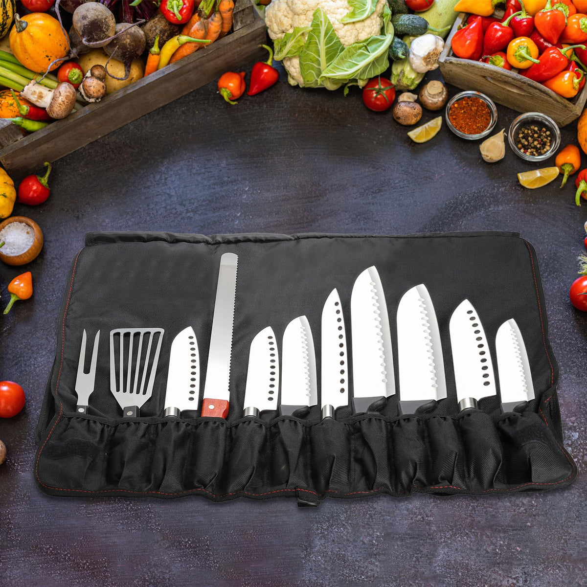 Tosnail Chef Knife Case Roll Bag with 21 Slots & 1 Large Zipper Pocket, Easy Carry Handle and Shoulder Strap - Black
