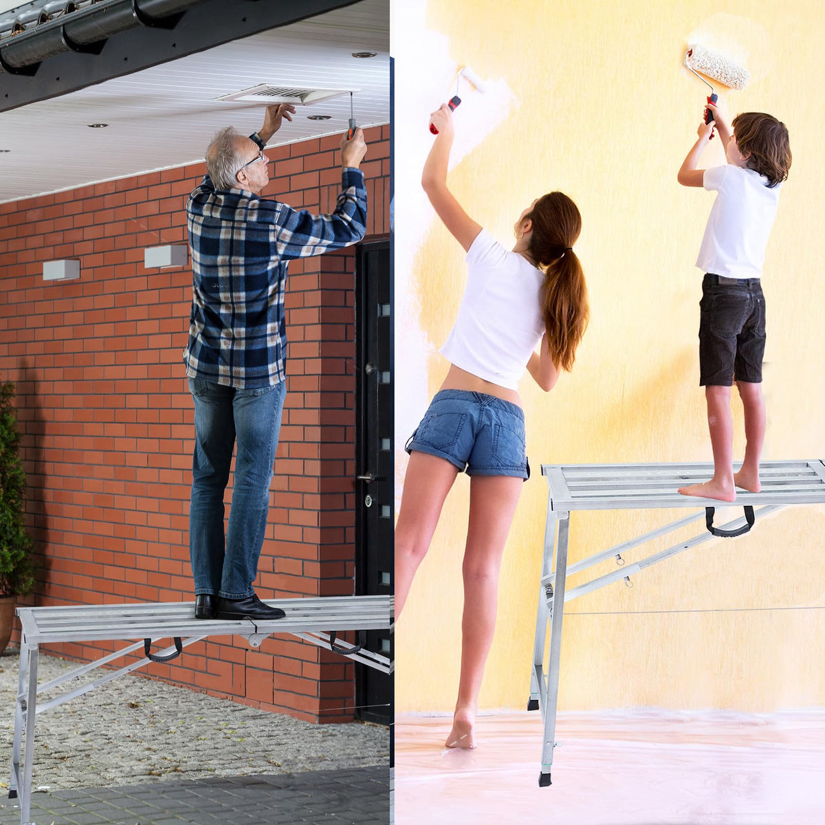 Adjustable Work Platform with 800 lb Duty Rating, Steel Step Ladder, Portable Folding Scaffolding Platform for RV Cleaning High Painting Walls, Drywall, Decorating (180 CM)