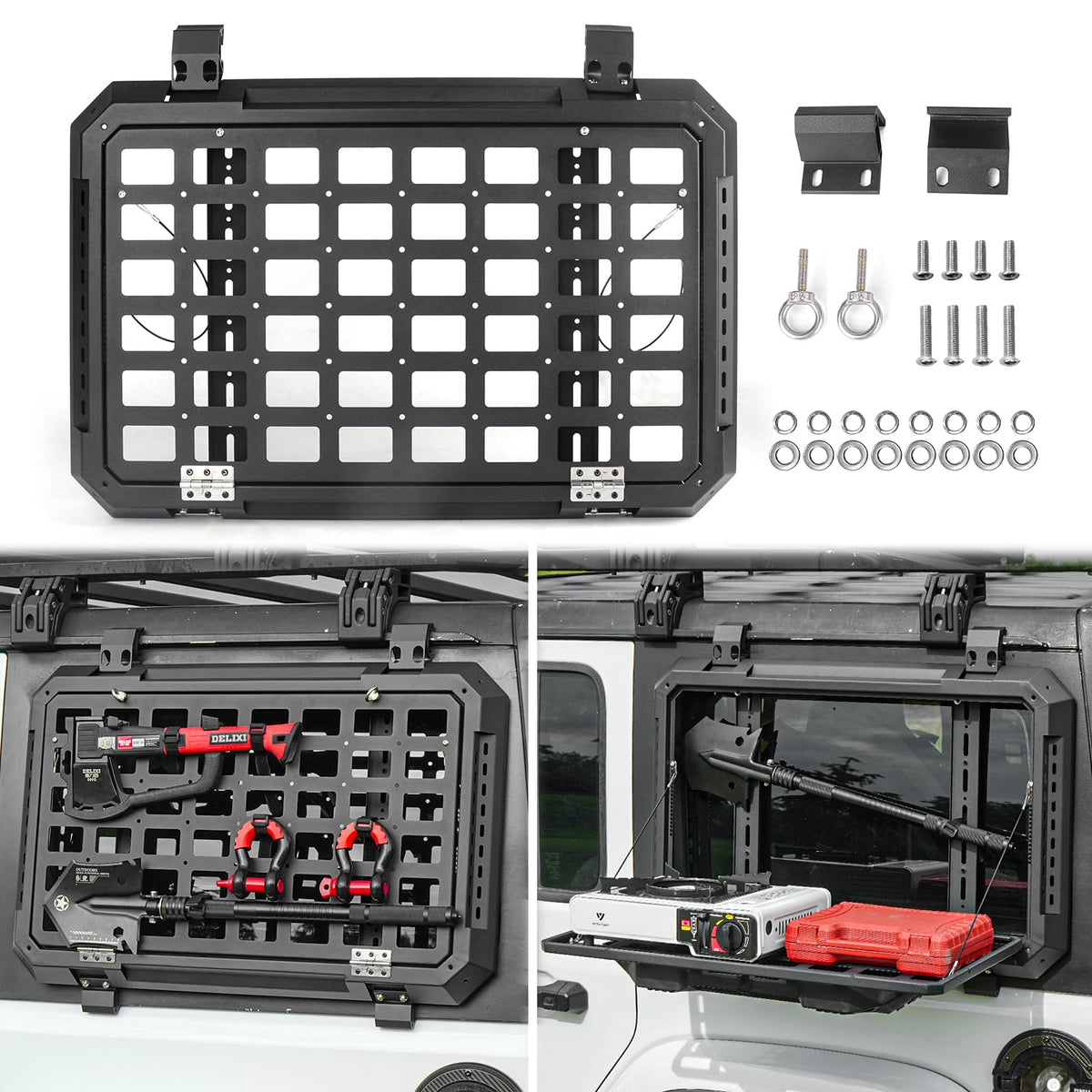 Multifunctional Rear Window Storage Table Molle Panel Kit for 2018-2024 Jeep Wrangler JL & JLU 4 doors Hardtop, Openable Design Tactical Molle Platform for Tools