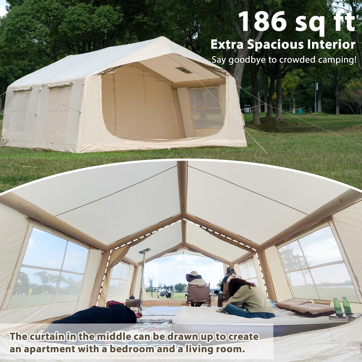 Inflatable Tent for Camping with Rainfly, 8-12 Person Easy Setup Air Tent with 2 Rooms & Hand Pump, 4 Season Glamping Tent with Stove Jack, Large Family House Tent for Outdoor Camping