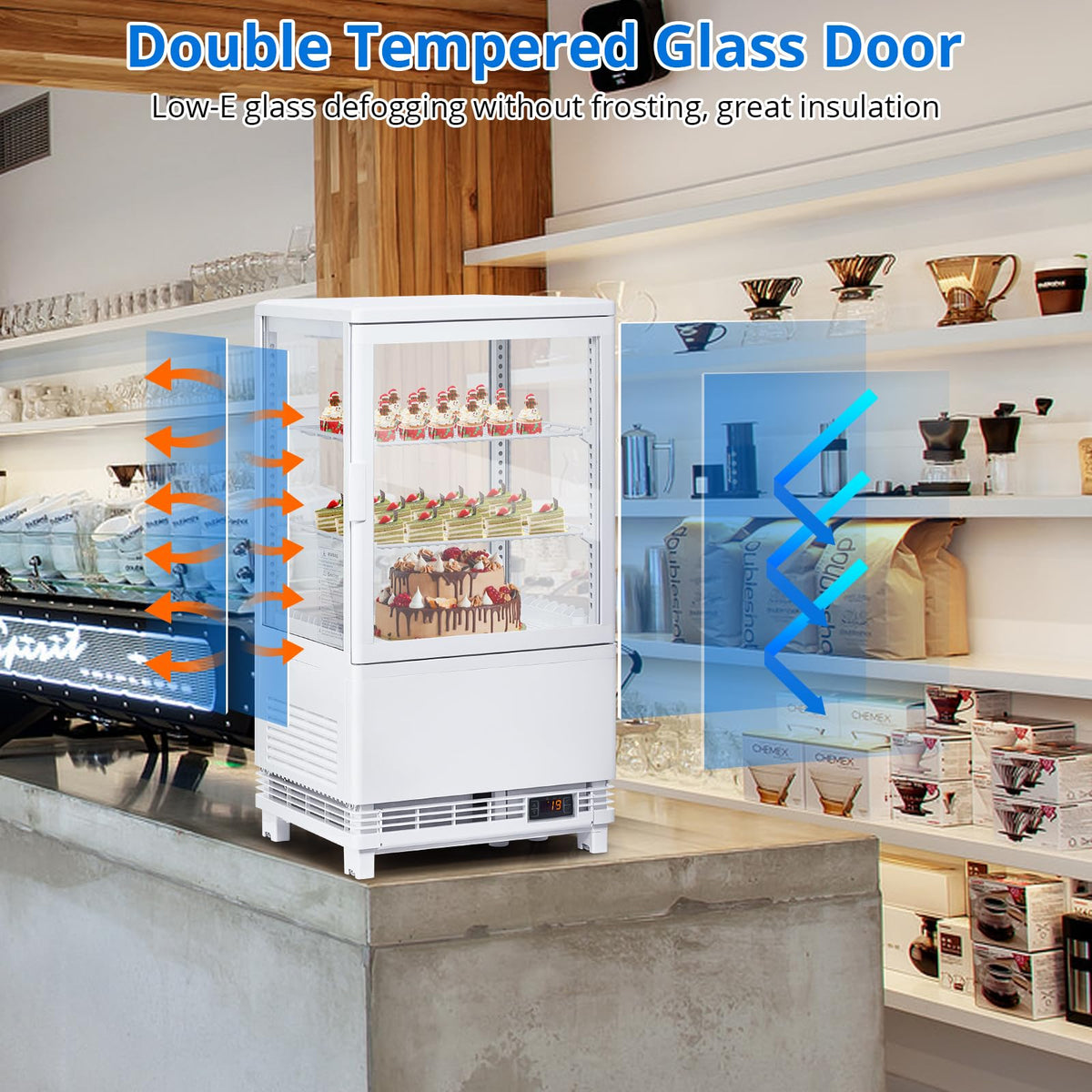2.1 Cu.Ft. Commercial Bakery Display Refrigerator, Countertop Refrigerated Case, Display Fridge, Single Door, Merchandiser Beverage Cooler, 3 Layers, LED, Adjustable Shelves, Restaurants, Bars, Shops