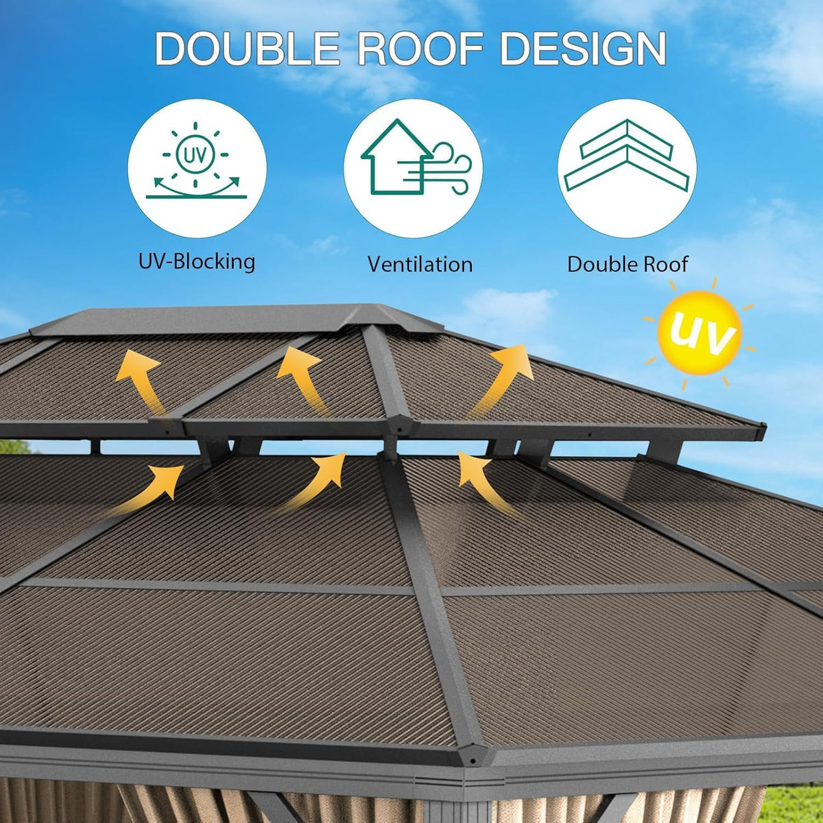 PeakPursuit 10x13FT Hardtop Aluminum Pergola Gazebo – Double Polycarbonate Roof – Heavy Duty Metal Frame – Mesh Netting, Curtains, All-Weather Outdoor Pavilion for Patio, Garden, Poolside – Khaki –