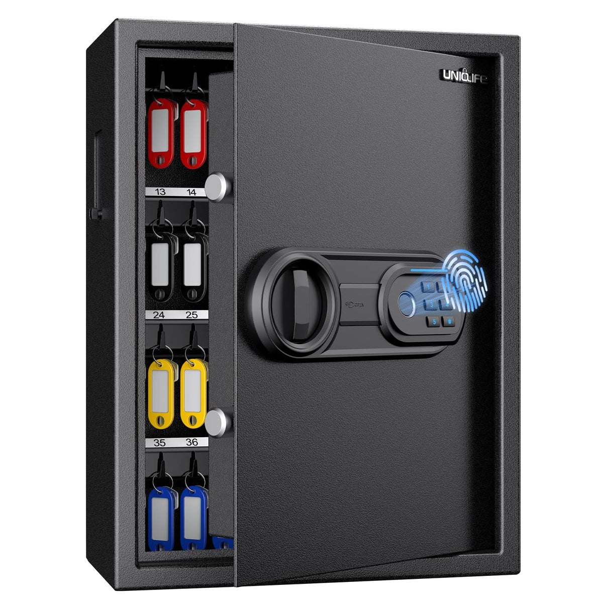 Uniclife 71 Position Key Box, Wall Mount Key Lock Box with Code and Key Lock, Fingerprint Key Cabinet with Anti-Theft Key Drop Slot & Keypad, Keys Safe for Office Hotel & Company